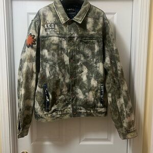 Akoo Men's Camouflage Wash Denim Jacket in Green and Beige with Patch Detail